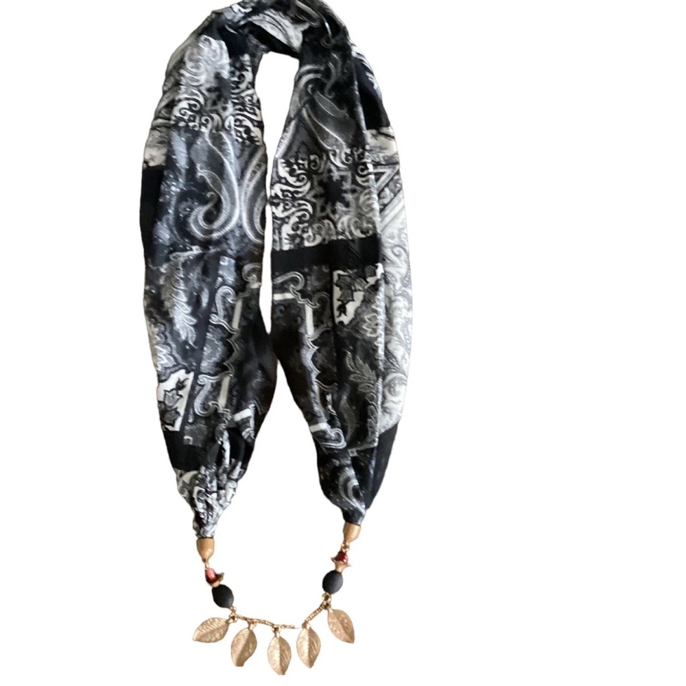 BOHO Infinity Scarf Black White Mixed Paisley Print with Attached Bead Necklace